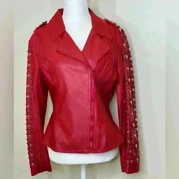 Christina Jackets & Blazers - Red vegan faux lambskin studded jacket